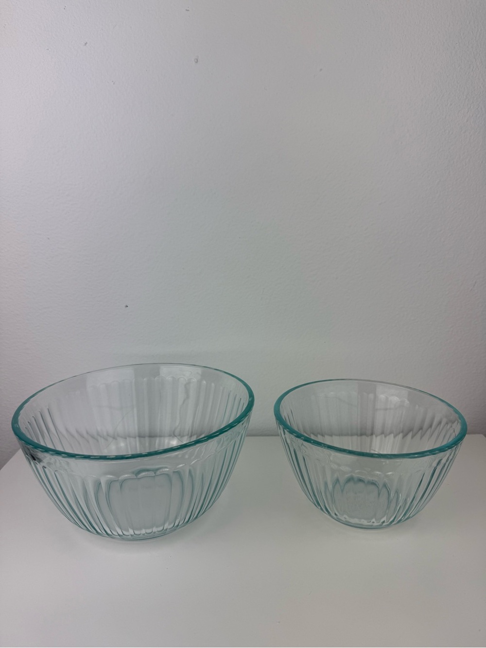Pyrex Aqua Tint Ribbed Glass Mixing Bowls Set of 2